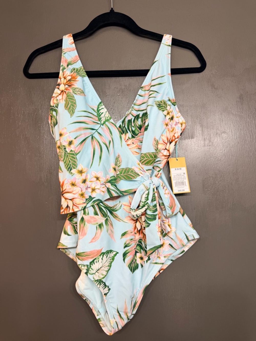 Kona Sol Light Blue Floral Wrap One-Piece Swimsuit